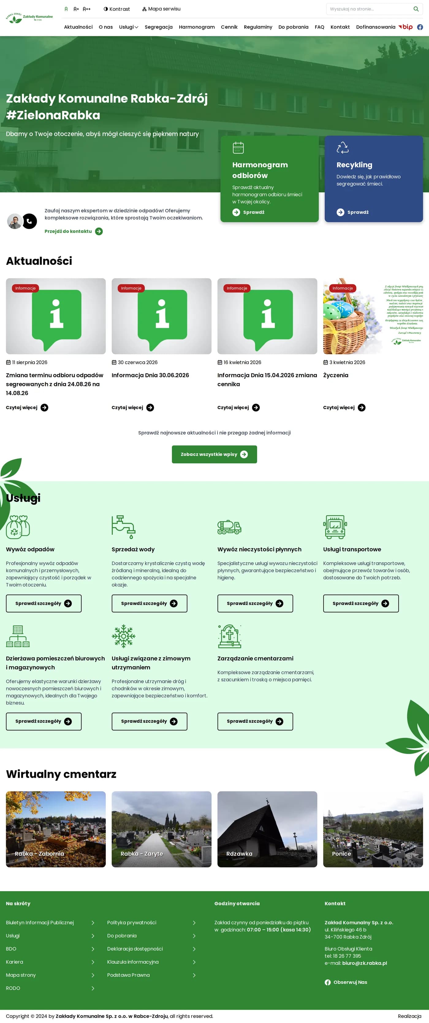 Strona Zakłady Komunalne Rabka-Zdrój, widok desktop